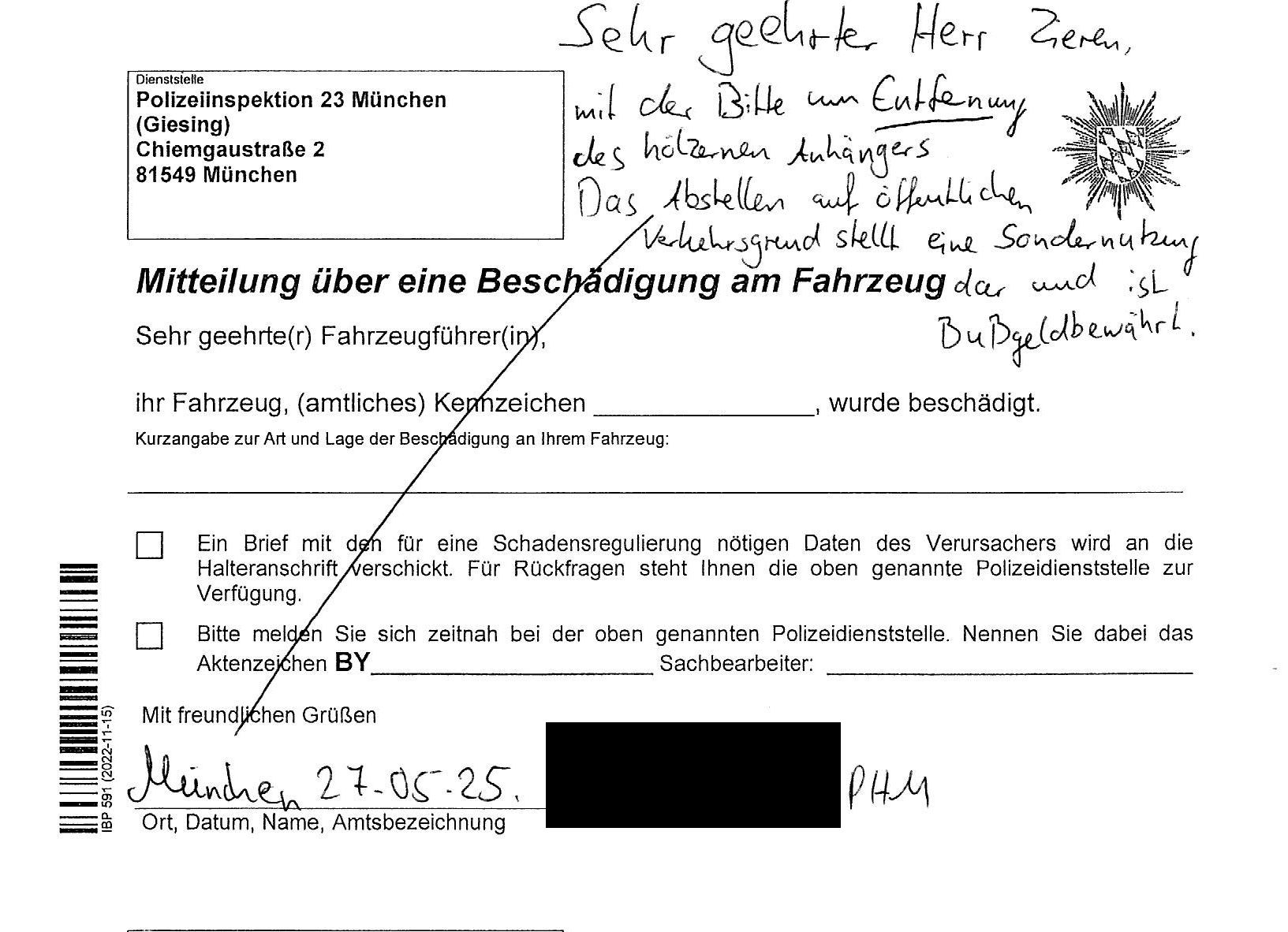 Polizeilicher Zettel